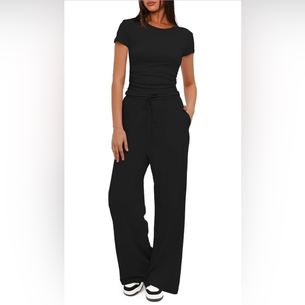 New Women's 2 Piece Lounge Set Outfit Ruched Short Sleeve Top High Waisted Wide